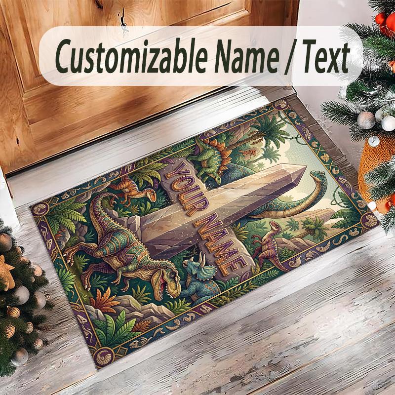 Dinosaur Theme Crystal Velvet Rug Personalized Custom Name Text Soft Floor Mat Home Decor