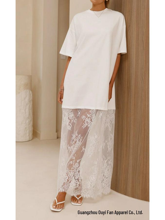 Elegant Lace Patchwork See-Through Hem T-shirt Dress - Casual Short-Sleeved Style