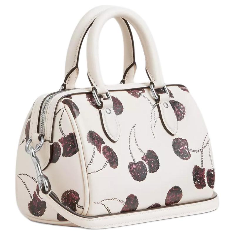 Coach Rowan 17 Borsa Boston con Logo Stampato Ciliegia Borsa a Spalla/Mano in Pregiata Pelle di Mucca Mini da Donna Argento e Gesso