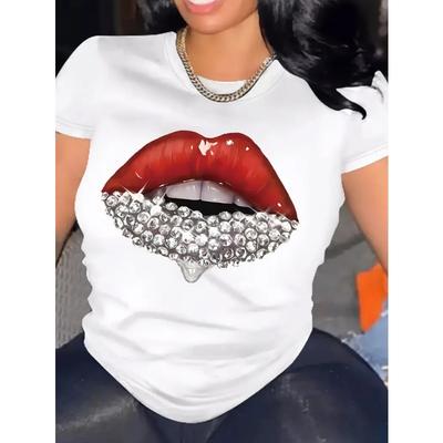 Europäische Größe Frühling und Sommer lässiges kurzärmeliges Oberteil, bedrucktes Rundhals-T-Shirt, Damenbekleidung