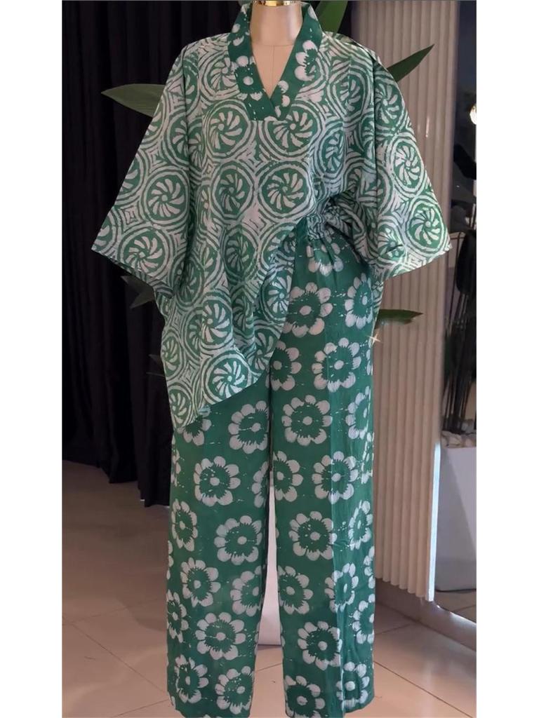 European & American Women's Summer 2026 Sweet Floral V-Neck Batwing Sleeve Top & High Waist Straight Leg Pants Set