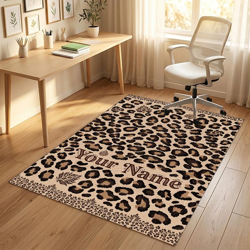Leopard Print Theme Soft Crystal Velvet Rug Custom Name & Text Print Non Slip Floor Rug for Bedroom Living Room