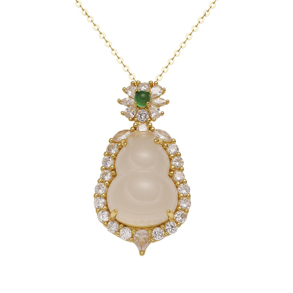 S925 Sterling Silver Natural Ice White Chalcedony Gourd Pendant Inlaid Jade Necklace Femininity Fulu Jewelry