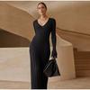 Moda Autunno Inverno Abiti in Maglia Eleganti Donna Maxi Abiti Pieghettati Manica Lunga Allacciatura Slim Nero Casual Maglieria