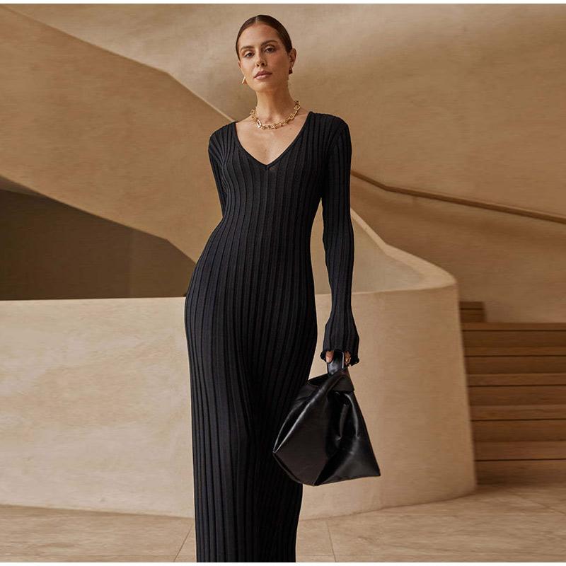 Moda Autunno Inverno Abiti in Maglia Eleganti Donna Maxi Abiti Pieghettati Manica Lunga Allacciatura Slim Nero Casual Maglieria