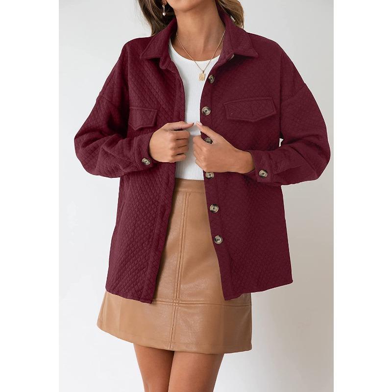 Womens Solid Color Diamond Pocket Casual Buttoned Collared Jacket