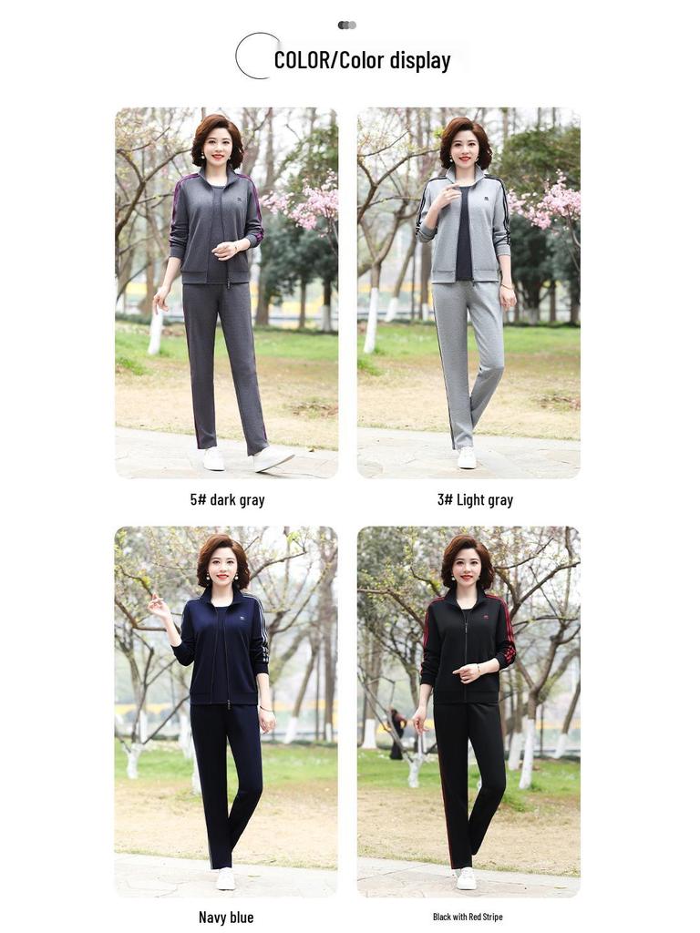 Women's Spring/Fall Casual Sportswear Set: Loose Fit Long-Sleeve Jacket & Sweatshirt, Plus Size, 2-Piece for Middle-Aged & Elderly