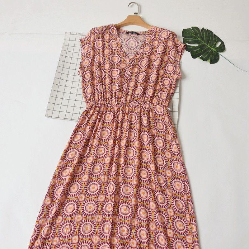 Export Cut Label Plus Size Summer Women's Rayon Print V-neck Waist-Controlled Slimming Mop Extended Nightdress Home Wear