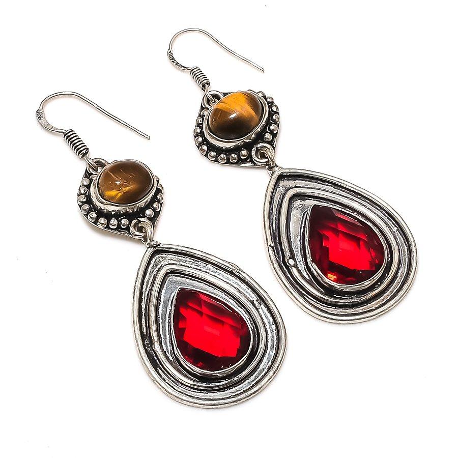 

Garnet, Tiger Eye Handmade 925 Sterling Silver Jewelry Earring 2.56 f2T65