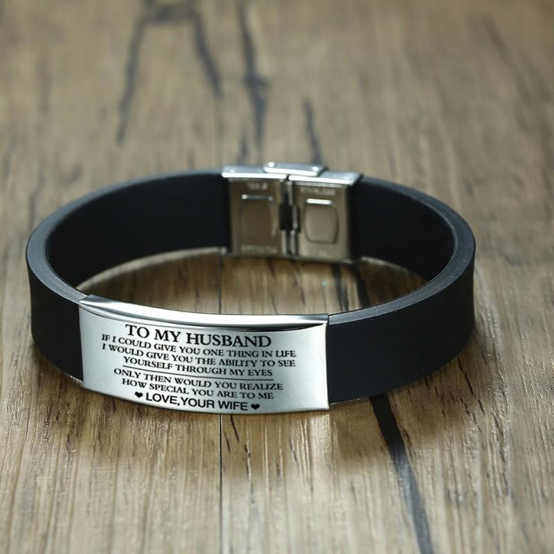 Vnox Custom TO HUSBAND Bracelets for Men Black Silicone Wrist Band with Stainless Steel Tag Valentine's Day Gift for Him