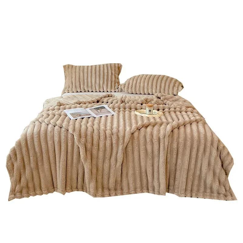 Ultra Soft Faux Rabbit Fur Throw Blanket Warm Plush Striped Blankets Conditioning Quilt Fluffy Throws for Couch Chair Sofa