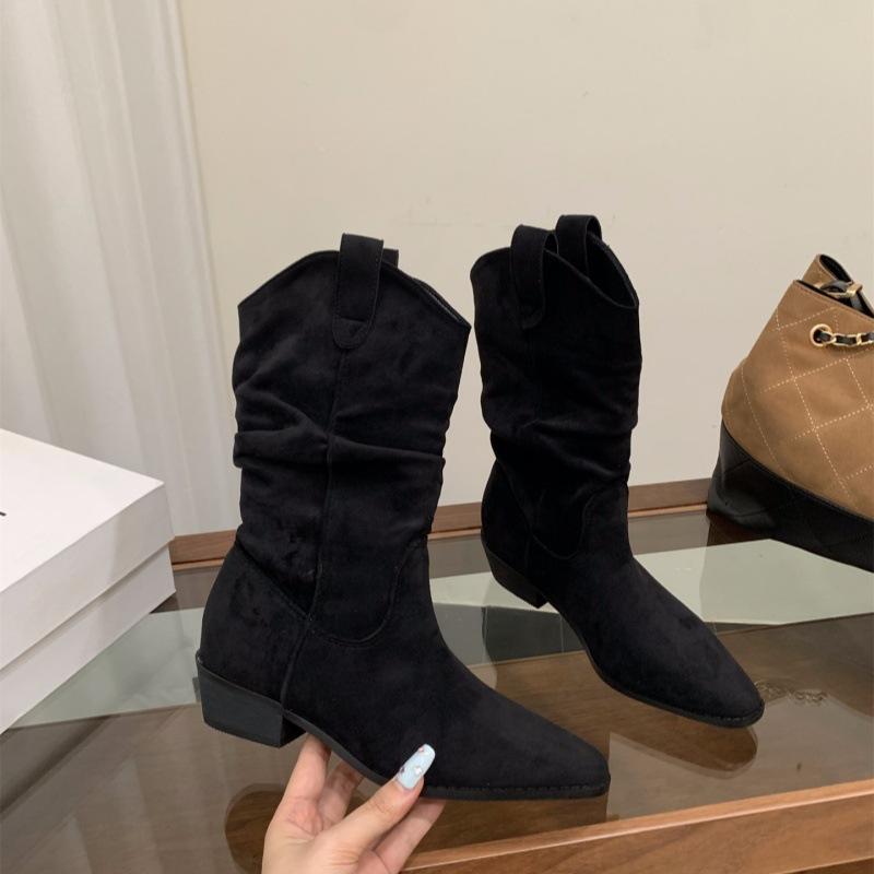 Coarse Heel Khaki Suede Pile Medium Knight Boots Women's Boots 2025 Autumn and Winter Pointed V-mouth Skinny Short Boots