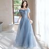 Rochie de Seară Elegantă din Tul Albastru Decolteu Bardot, Rochie Maxi Formală cu Fundă și Mărgele pentru Femei, Ideală pentru Nunți, Banchete și Baluri