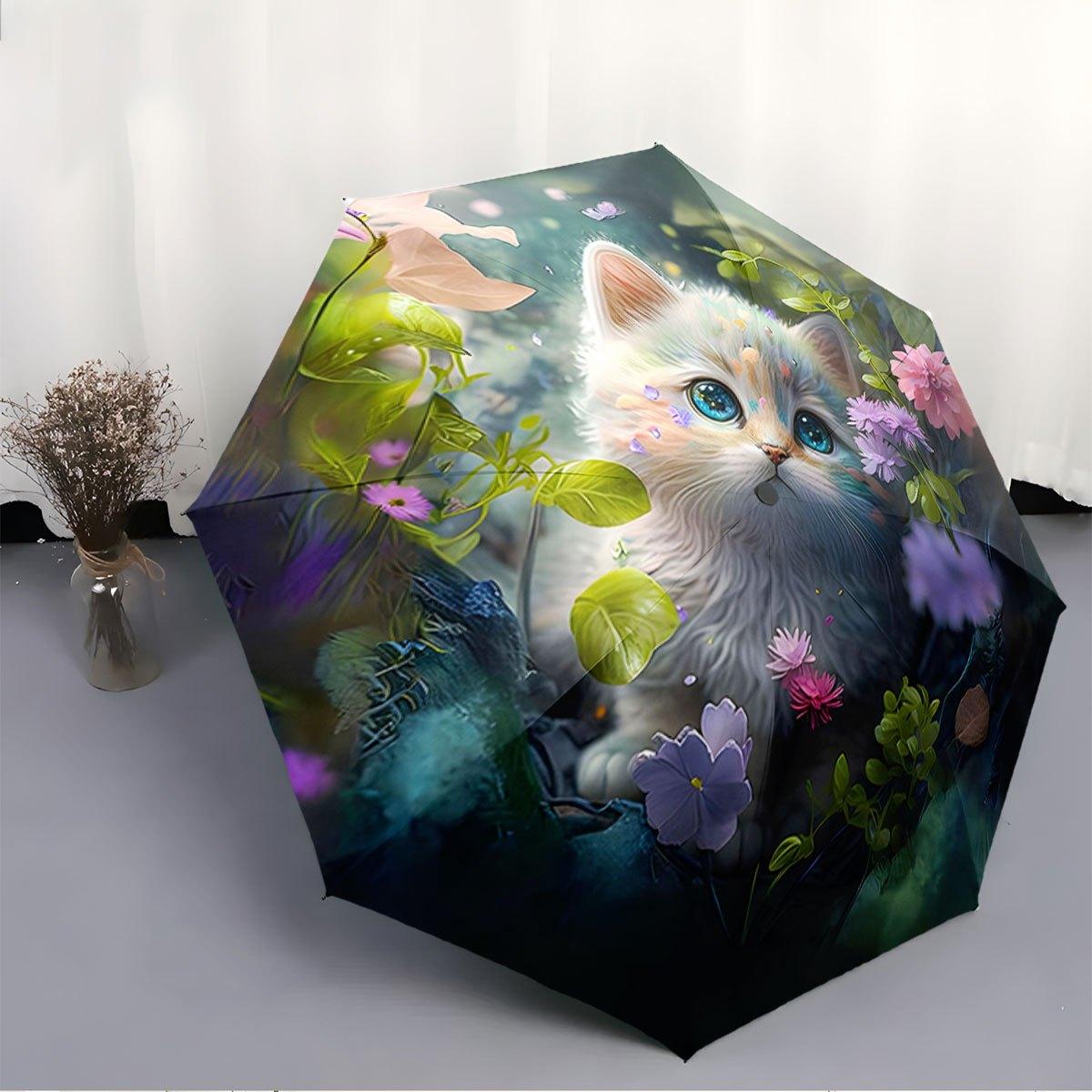 Automatic Folding Umbrella A fluffy kitten surrounded by colorful flowers and leaves. Portable collapsible design, casual outd