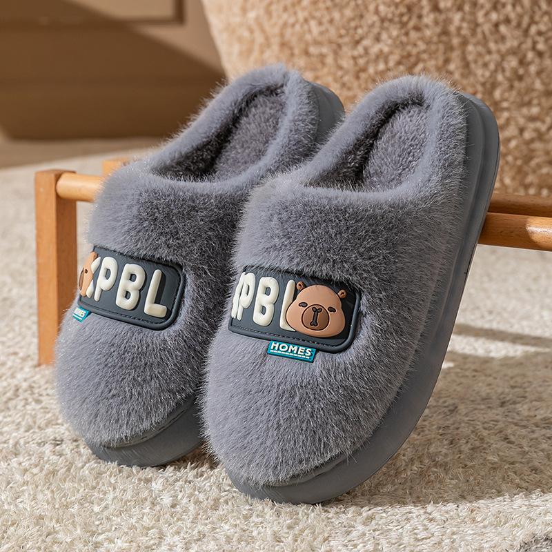 Cotton slippers women's autumn and winter indoor home thick bottom velvet to keep warm cute bear couple plush cotton drag men