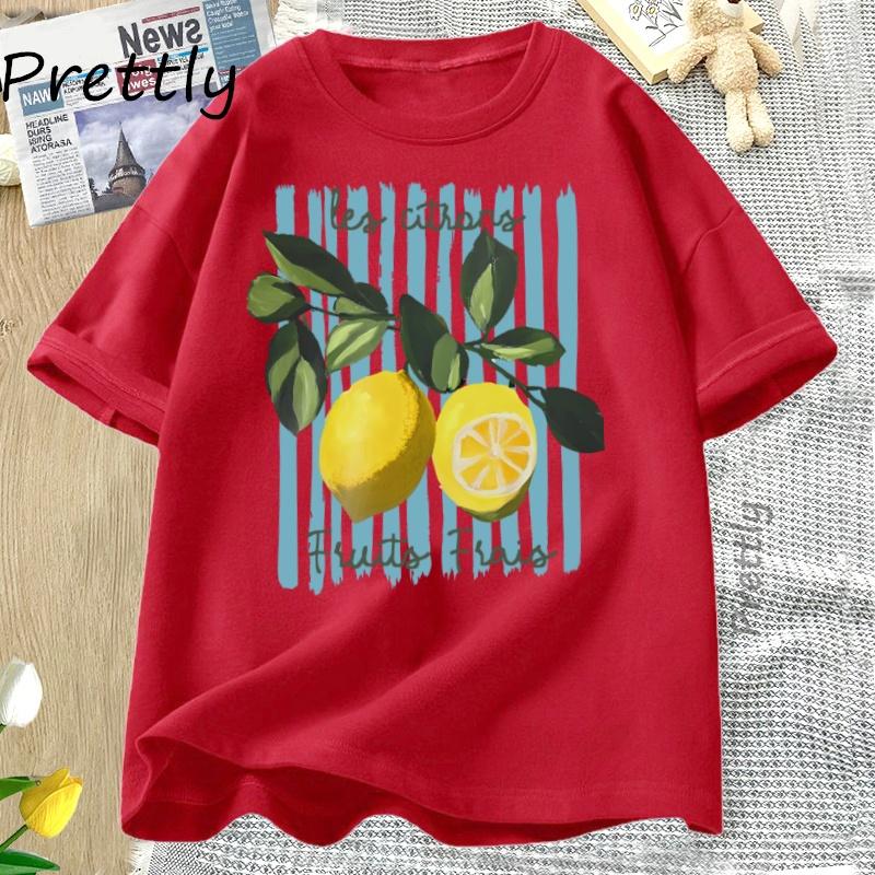 Sommer Zitrone T-Shirt Vintage Cottagecore Französisches T-Shirt Baumwolle Zitrone T-Shirt Urlaub Strand T-Shirt Lässige Kurzarmtops
