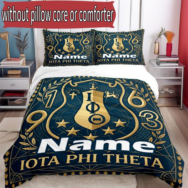 3pcs Duvet Cover Set (1*Duvet Cover + 2*Pillowcase, Without Core), Custom Name Iota Phi Theta Pattern Bedding Set, Home Bedroom Decor Gift