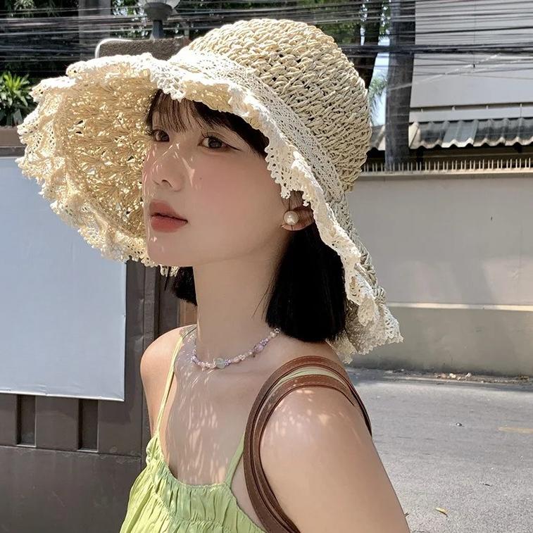 Straw Hat for Women Summer Handmade Weave Hollow Lace Up Anti-UV Beach Cap Foldable Large Brim Panama Bucket Fashion Sun Hat