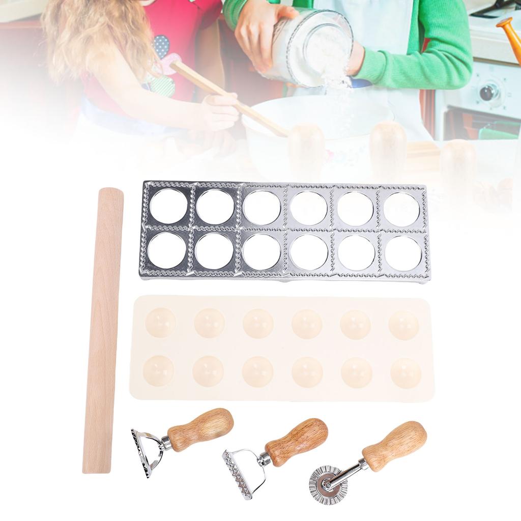 Pasta Making Tools Kit 12 Hole Ravioli Stamp Maker Pasta Cutter Wood Pasta Rolling Pin for Kitchen