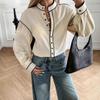 New Spring and Autumn French Elegant Style One-Breasted Shirt Black Puff Sleeve Top