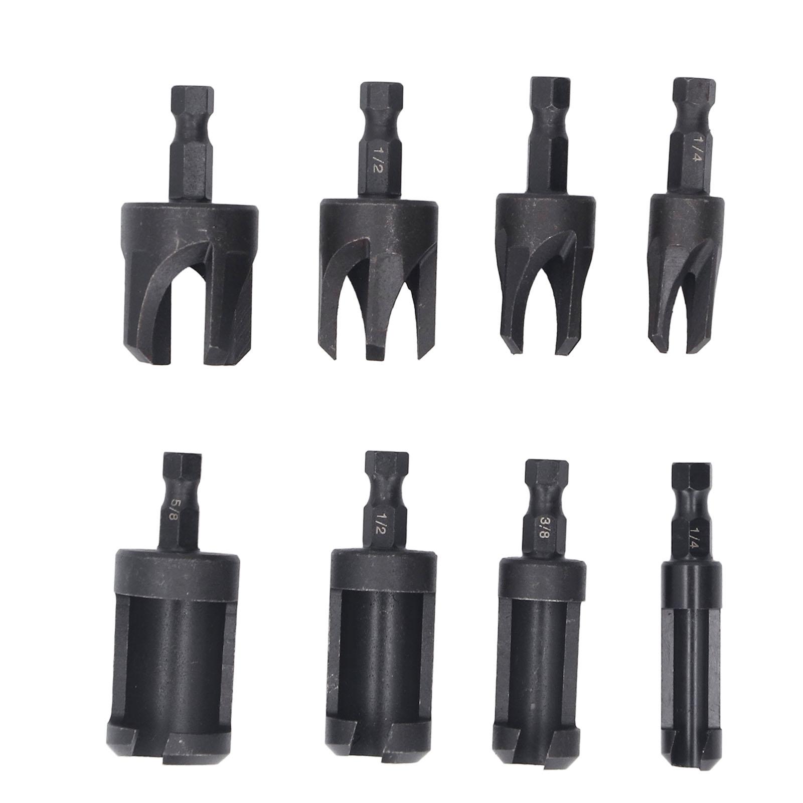 

8 Pieces Wood Hole Drill Bits Carbon Steel Hex Shank Straight and Tapered Plug Cutter Set 14in