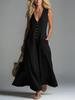 Women Solid Color Deep V Neck Patch Pocket Casual Irregular Long Dress