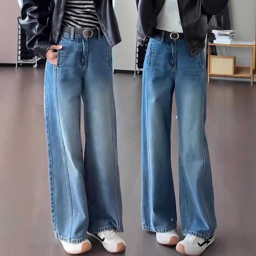 Women's High Waist Wide Leg Jeans Vintage Blue Solid Color Loose Bootcut Denim Trousers Lazy Commuter Long Pants