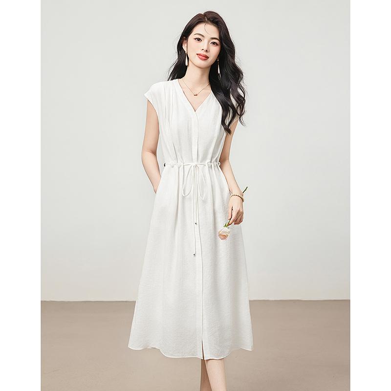 Thin strip mid length dress sleeveless V-neck casual skirt