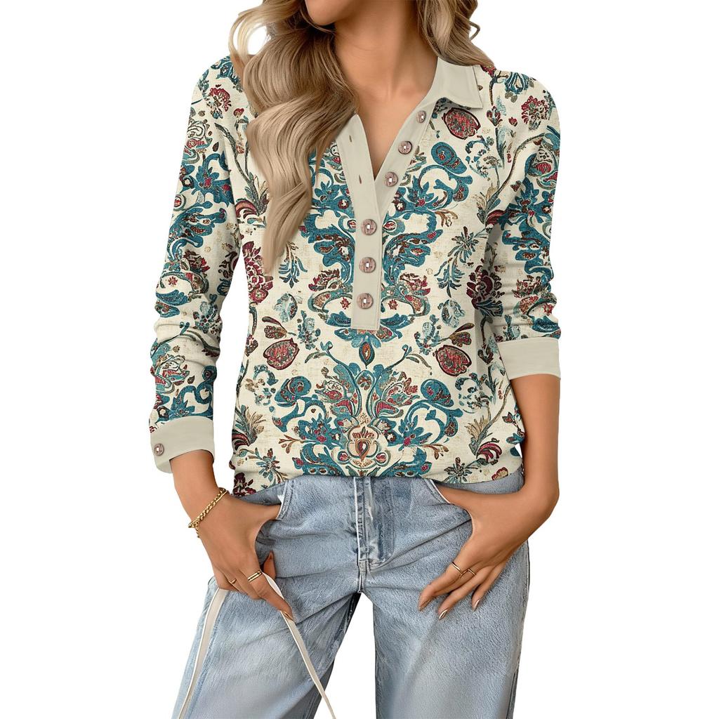 Women's Fashionable and Relaxed V,neck Long,sleeved Button,down Retro Print Pullover Top
