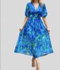 Floral Print V Neck Dress With Short Lantern Sleeves For Casual Female Wear