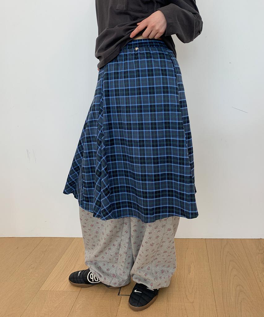 Ronron Check Flare Banding Midi Skirt Blue