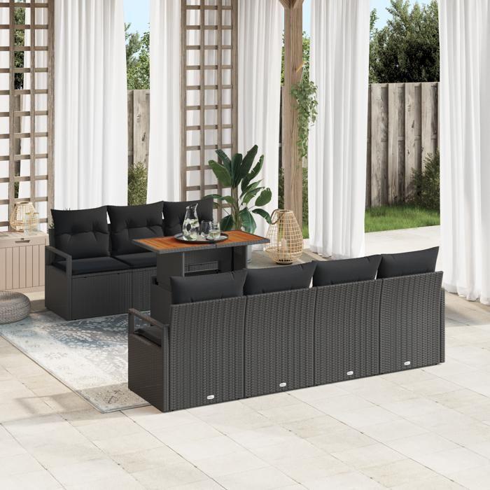 Ensemble de Canapé de Jardin de 8 Pièces avec Coussins en Rotin Poly Noir Acacia, Canapé de Jardin de 2 Places avec Coussins 3349673