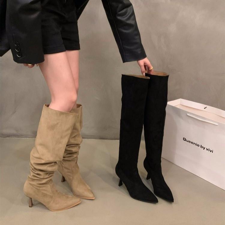 High-heeled Khaki Knee-piled Boots Women's Shoes 2024 New Autumn and Winter Pointed Thin Long Boots