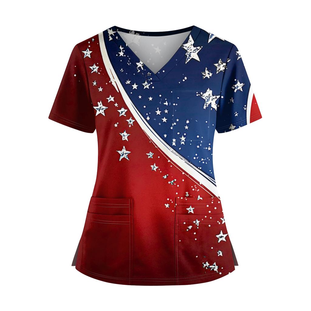 Women's Independence Day Print V-Neck Double Pocket Short Sleeve Uniform with Slit Hem - Caregiver Top