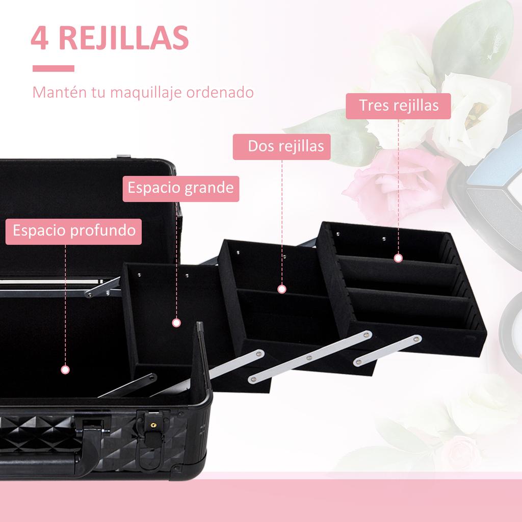 Makeup Case, 4 Tiers, Portable Cosmetic Box, 35.5 x 20 x 25.5 cm, Aluminum