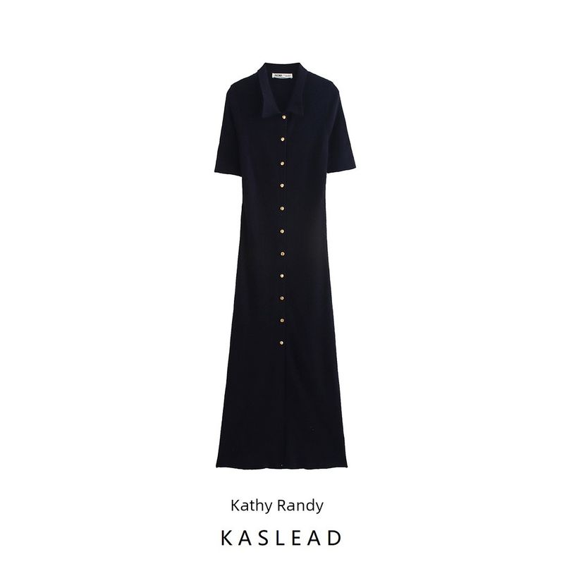 Kaslead New Arrival Women's Clothing Fashion Style Fashion Decorated Row Button Knitting Midi Skirt Dress 9598152