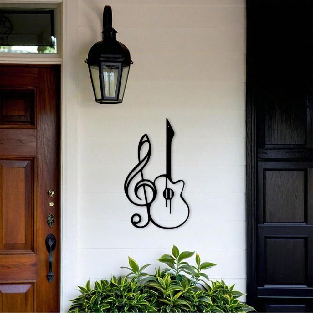 אמנות קיר מברזל בצורת תווי מוזיקה וגיטרה וינטג' קישוט שחור-זהב מתנה לסטודיו
