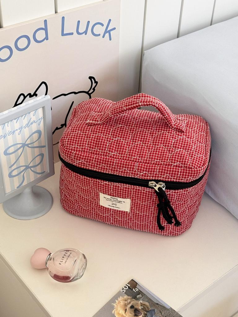 Gesteppte Herz karierte Kosmetiktaschen für Damen Make-up-Etui Große Kapazität Damen Reise-Aufbewahrungstasche Lässige Mädchen Handtasche Clutch-Geldbörse