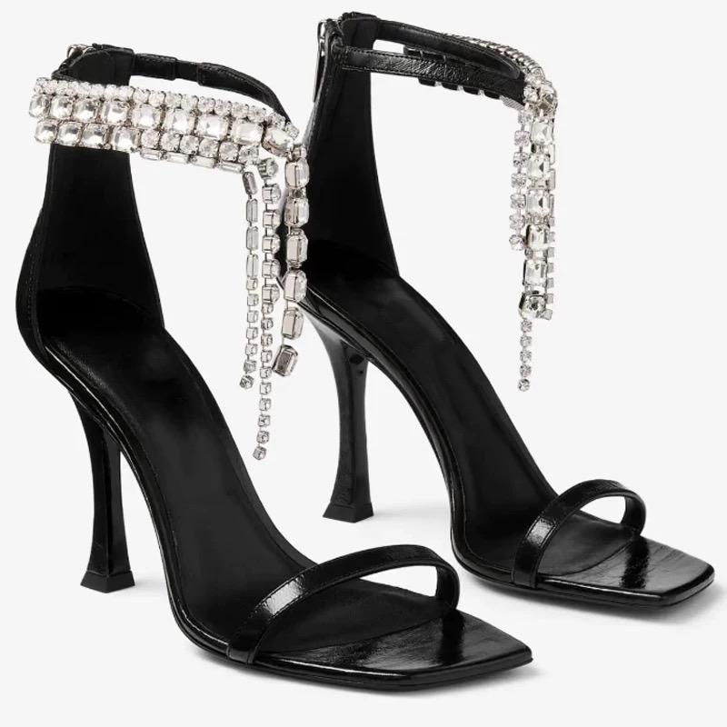 Fashion 2025 Summer New Water Diamond High Heels with Fine Heels and Sexy One Leg Strap, Open toed Square Head Sandals