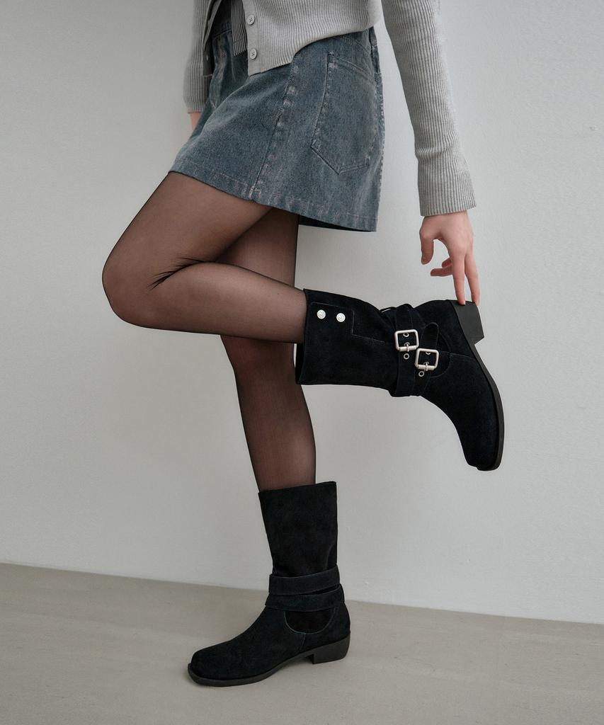 Mongdol 2-Way Cow Leather Suede Buckle Mid-Calf Boots Mdac043_2 Colors