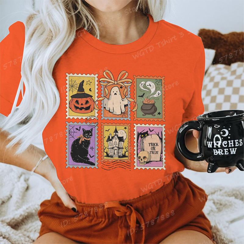 Funny Halloween Skeleton  Pumpkin Letter Print Tshirts Trendy Casual Short Sleeve Crew Neck Tees Tops Womens Clothing