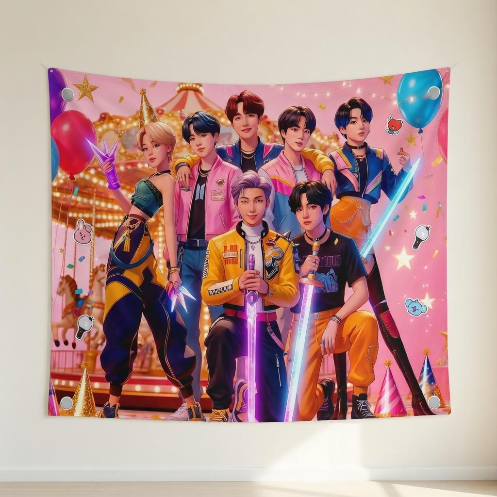Kpop Boy Group Tapestry OT7 All 7 Members Y2K Pink Aesthetic Soft Fleece Blanket Wall Hanging Fan Gift Dorm Room Decor Merch