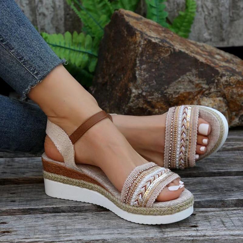 Large Size Pearl Wedge Heel Sandals Women's Summer New Hemp Rope Bottom Buckle Thick-soled Fish Mouth Sandals