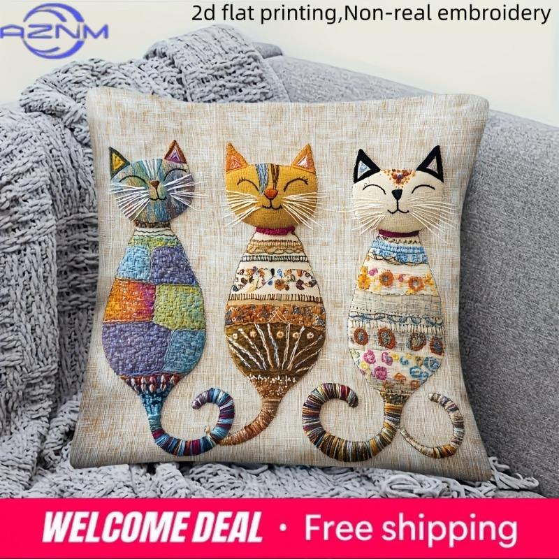Shunika Chen Unisex Cute Cat-Patterned 2D Flat-Printed Pillowcase For Comfort And Style Sofa Cushion Cover, Home Decoration, 2D Printing