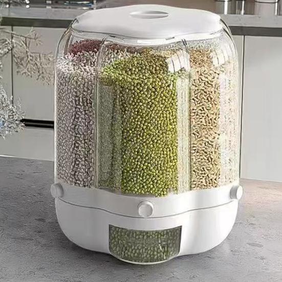 Rotating Grain Storage Bin Large Capacity 6 Grids Design Moisture-Proof Transparent Rice Container Cereal Dispenser Bucket