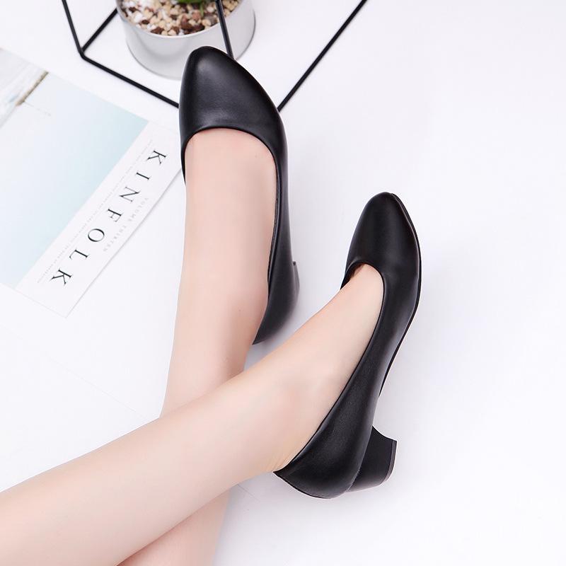 New Black Round Head High Heels Thick Heel Shallow Mouth Single Shoes Women's Professional Large Size Work Leather Shoes