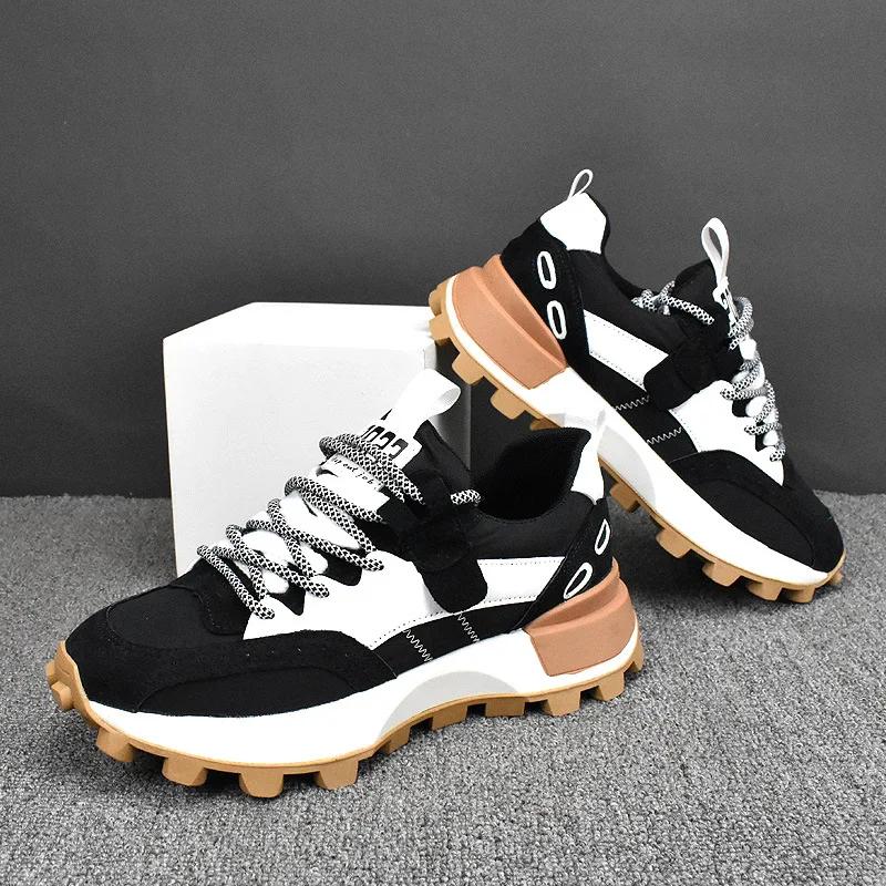 Color Block Fashion Chunky Sneaker Men Running Shoes Casual Leather Fabric Breathable Height Increased Platform Sport Shoes