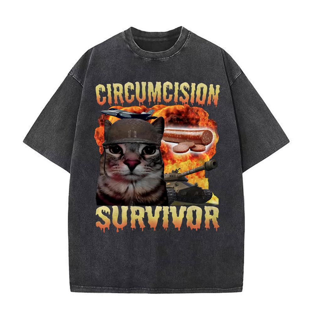 T-shirts Meme Chat Drôle de Survivant de la Circoncision pour Mode Unisexe Hip Hop Vintage T-shirt Vintage Lavé Pur Coton T-shirts Unisexes