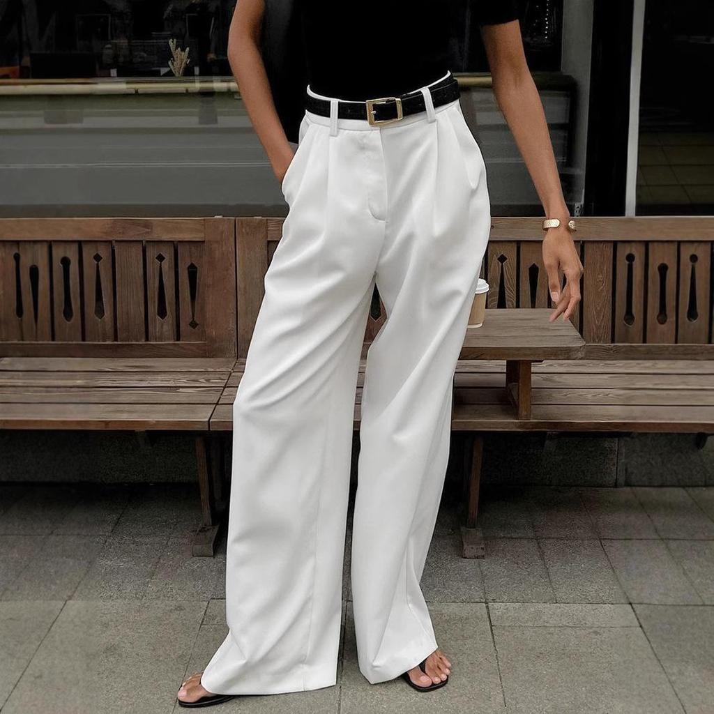 Women's High-Waisted Floor-Length White Commuter Pants - Versatile European & American Style