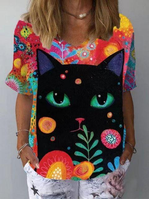 

Жіноча футболка Kawaii Cat Graphic V-подібний виріз з коротким рукавом Модні повсякденні футболки з принтом Веселий літній жіночий одяг Вуличний топ L